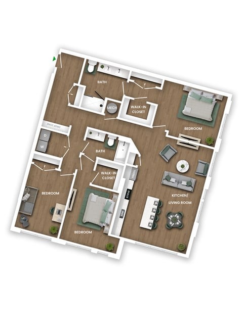 Floor plan for 3 beds, 2 baths, 1328 sqft